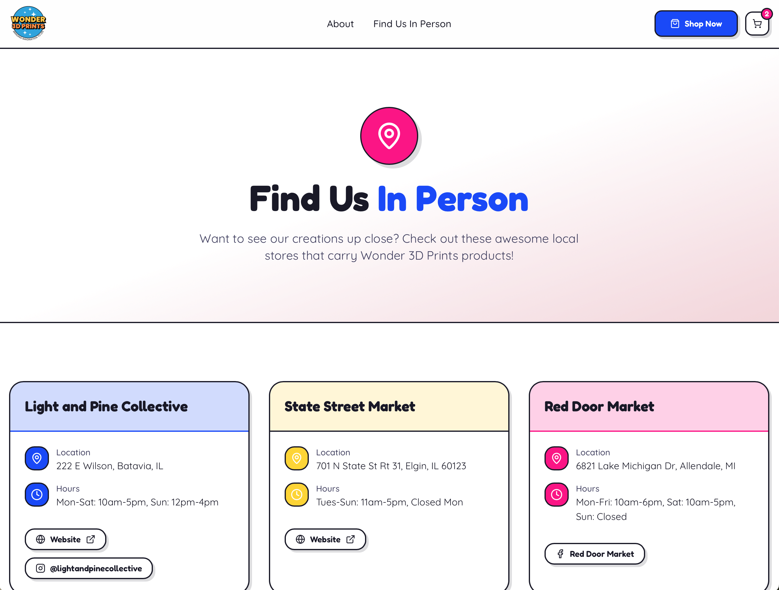 Wonder 3D Prints in-person shopping page