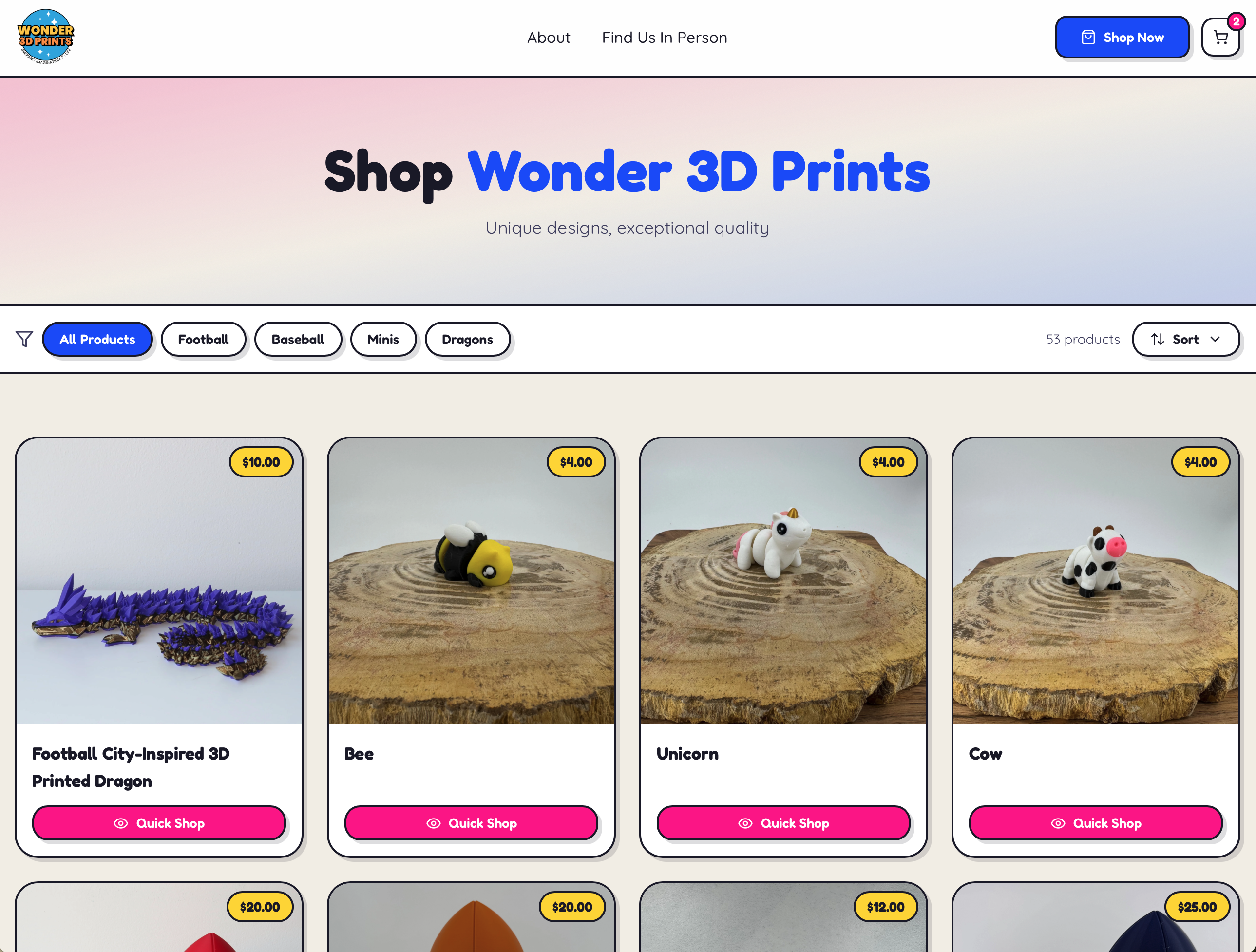 Wonder 3D Prints shop page
