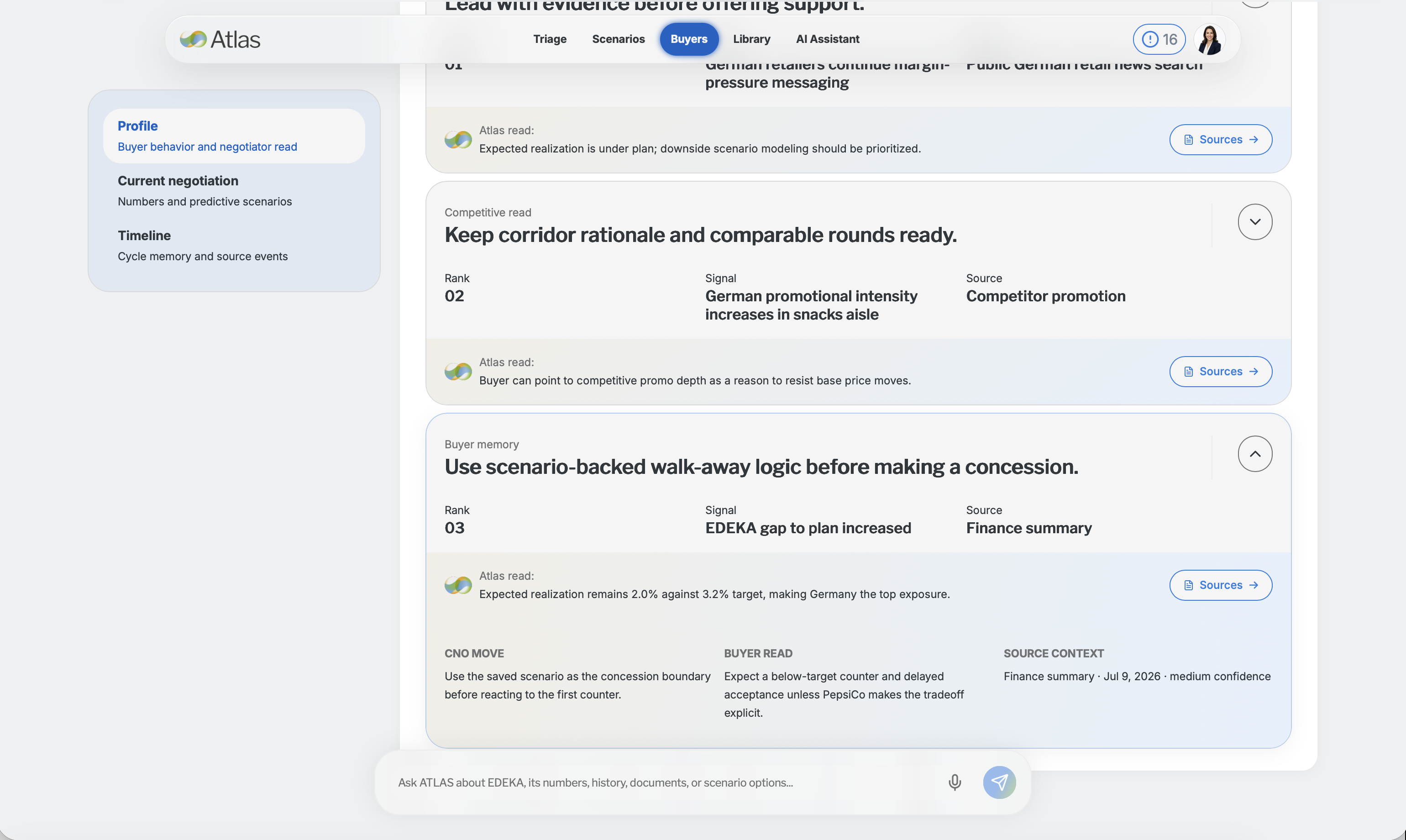 ATLAS buying group intelligence screen showing buyer response, negotiator read, and active risk signals.