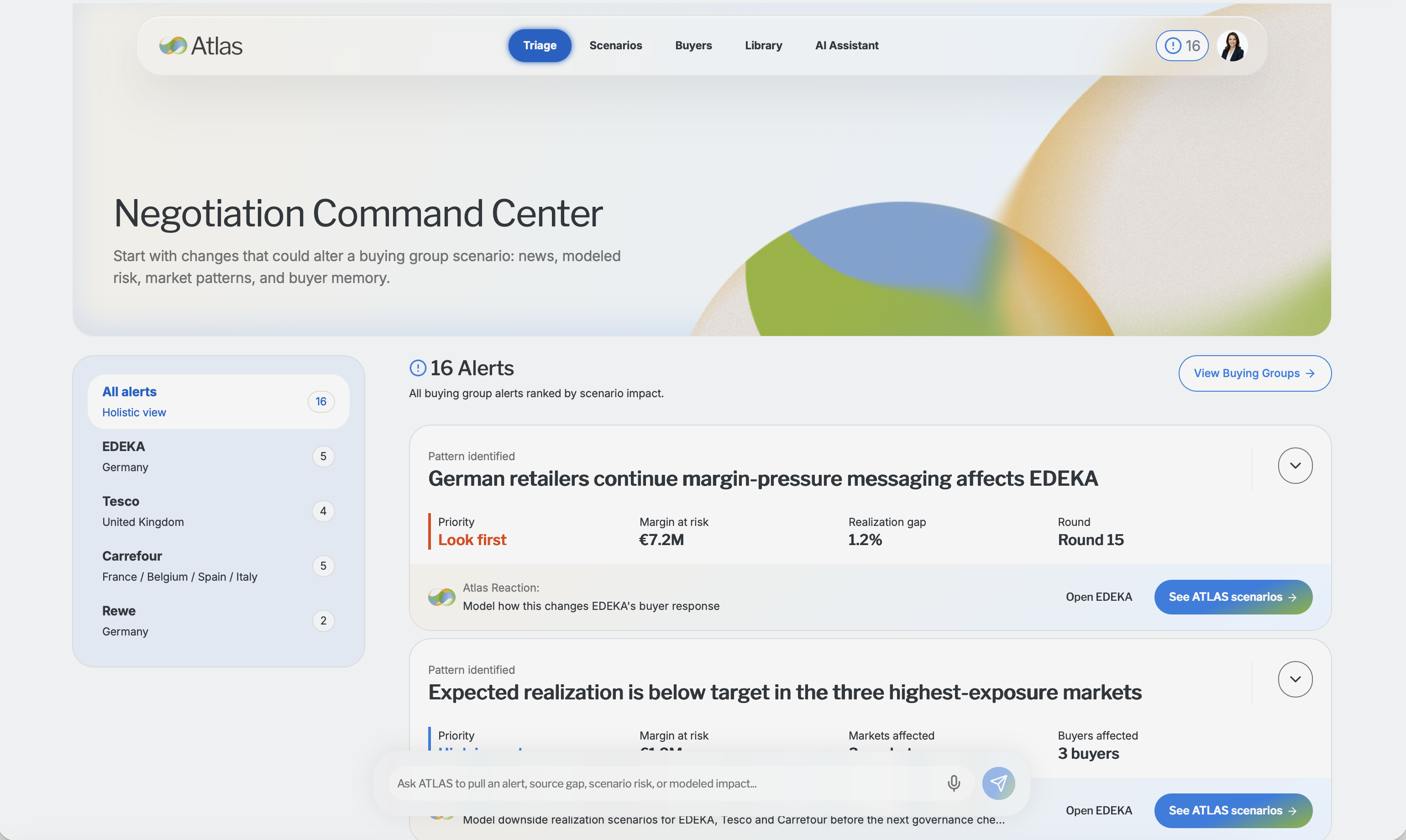 ATLAS negotiation command center interface with prioritized buying group alerts