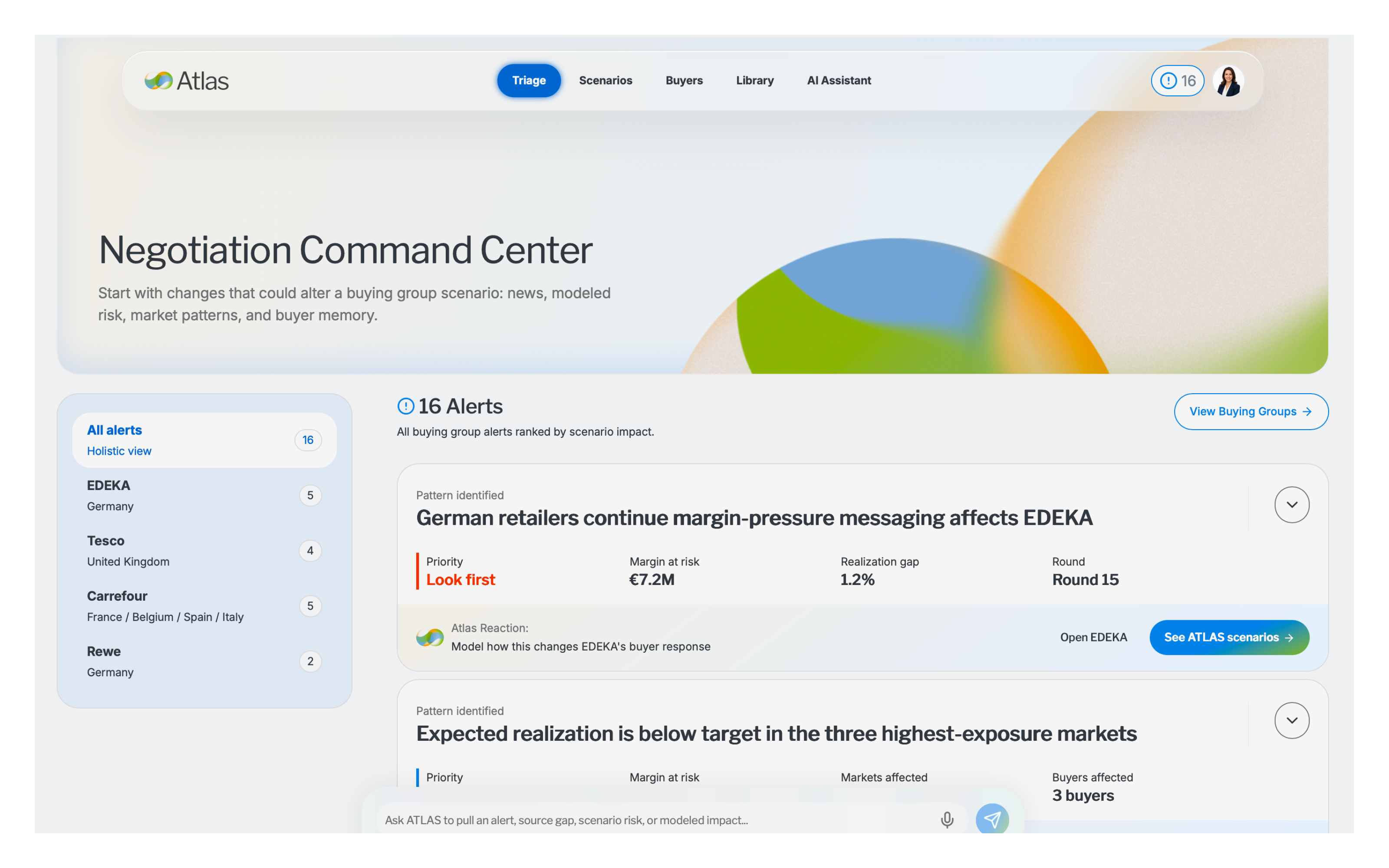 ATLAS negotiation command center showing prioritized buying-group alerts and modeled scenario actions