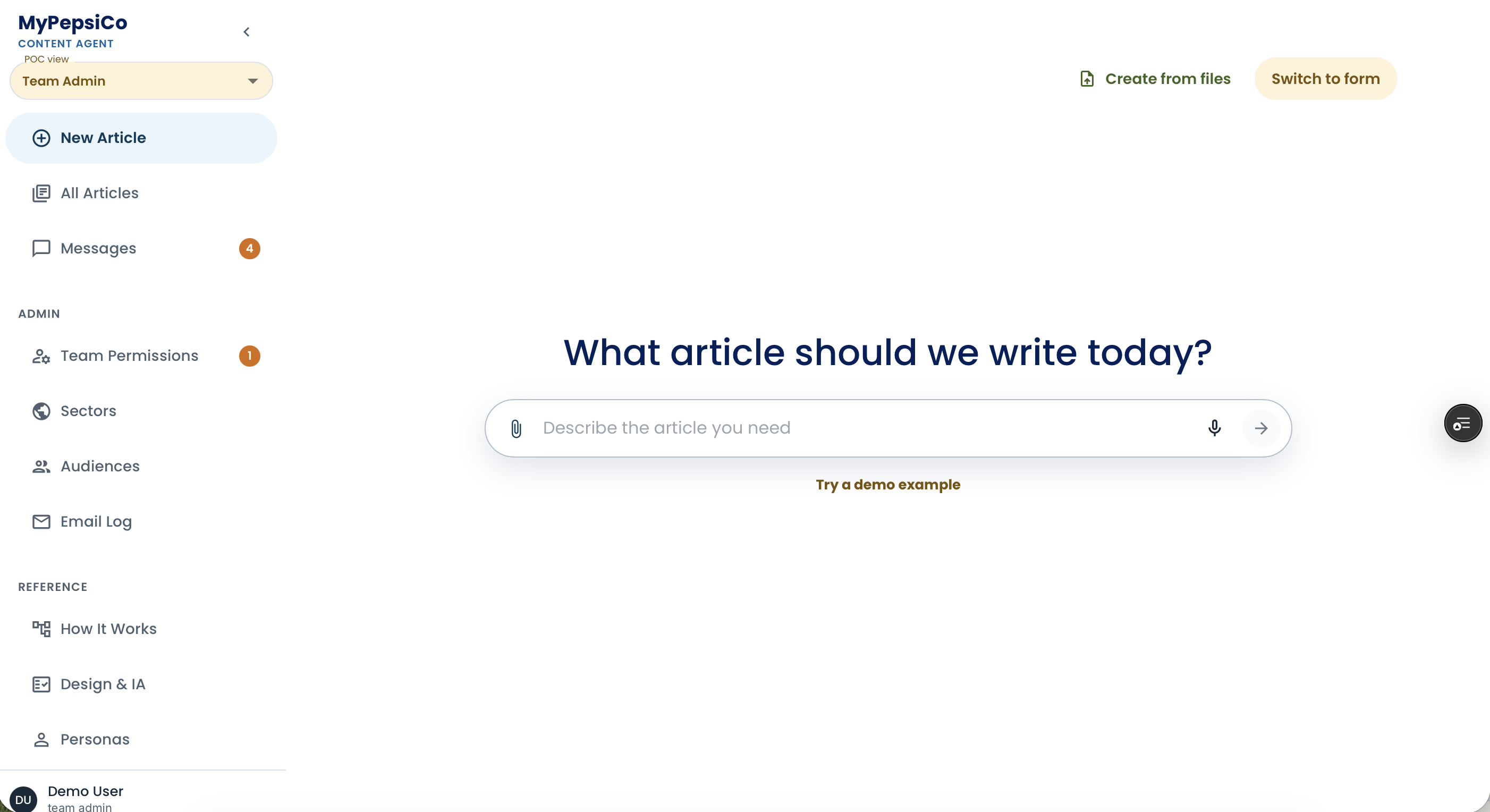 Updated New Article experience using an AI conversation as the primary entry point with an option to switch to the form