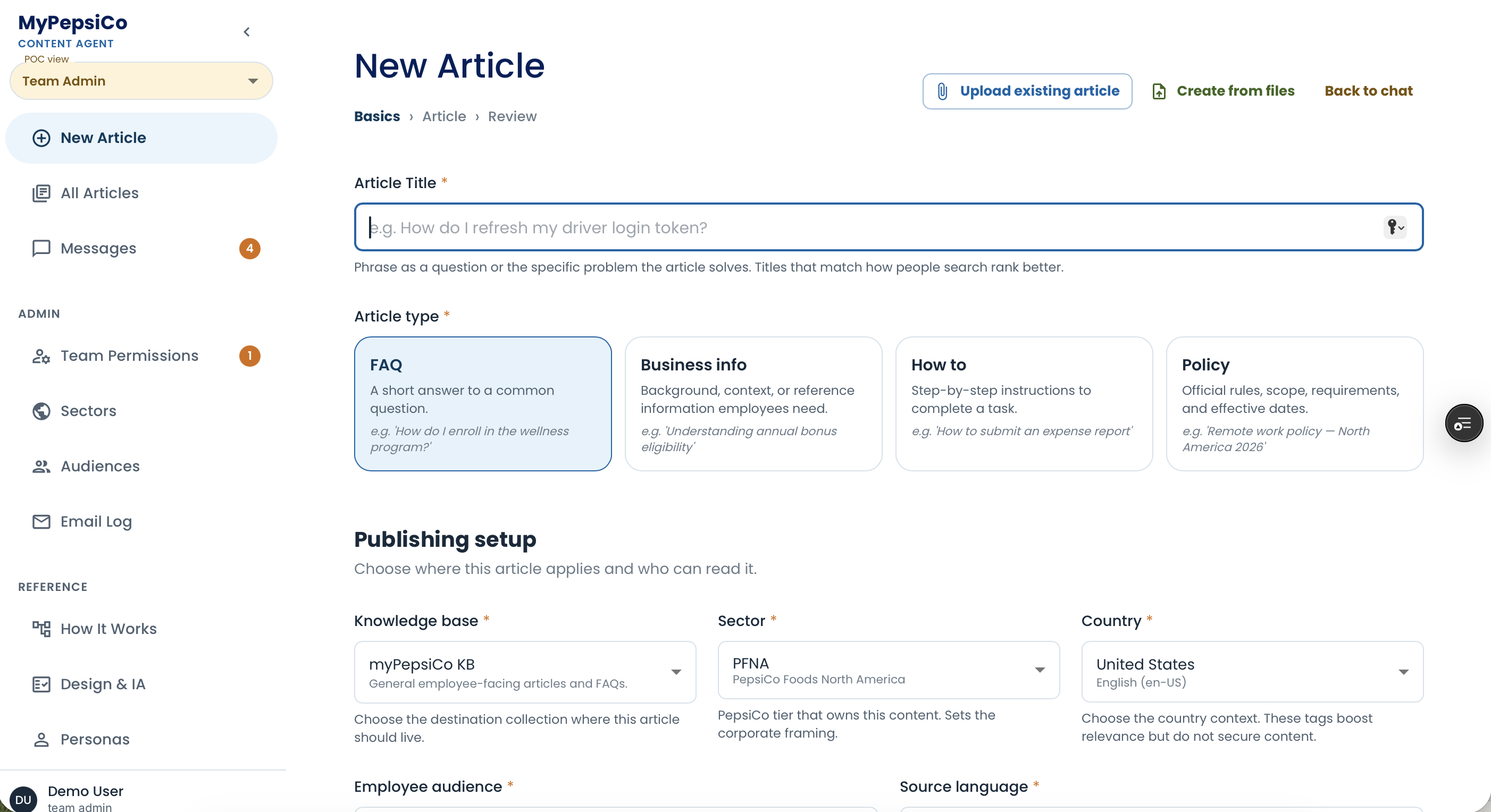 Earlier New Article experience using a structured form as the primary entry point