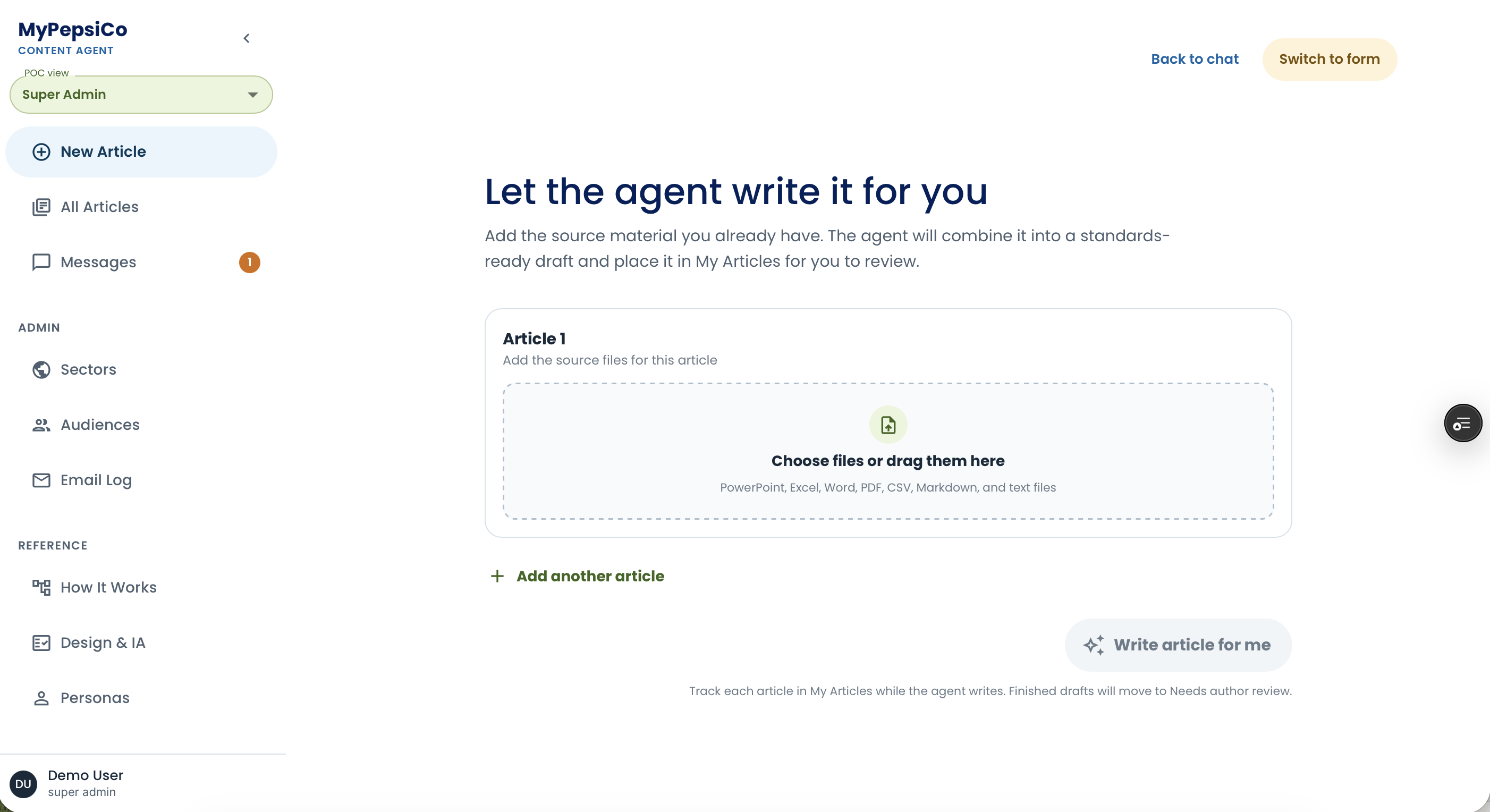 Agent-led article creation screen where users upload source files and ask the system to produce a standards-ready draft
